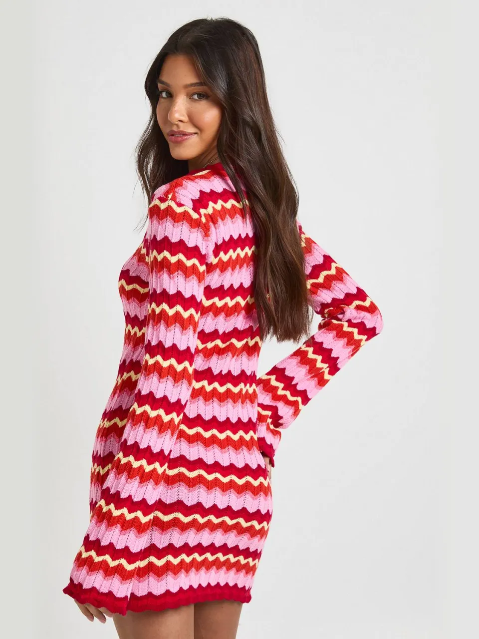 boohoo Dames Gebreide Gestreepte Mini-jurk Met Lange Mouwen roze, foto 3