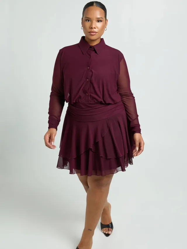 boohoo Dames Plus Skater Jurk met Kraag en Asymmetrische Zoom Pruim