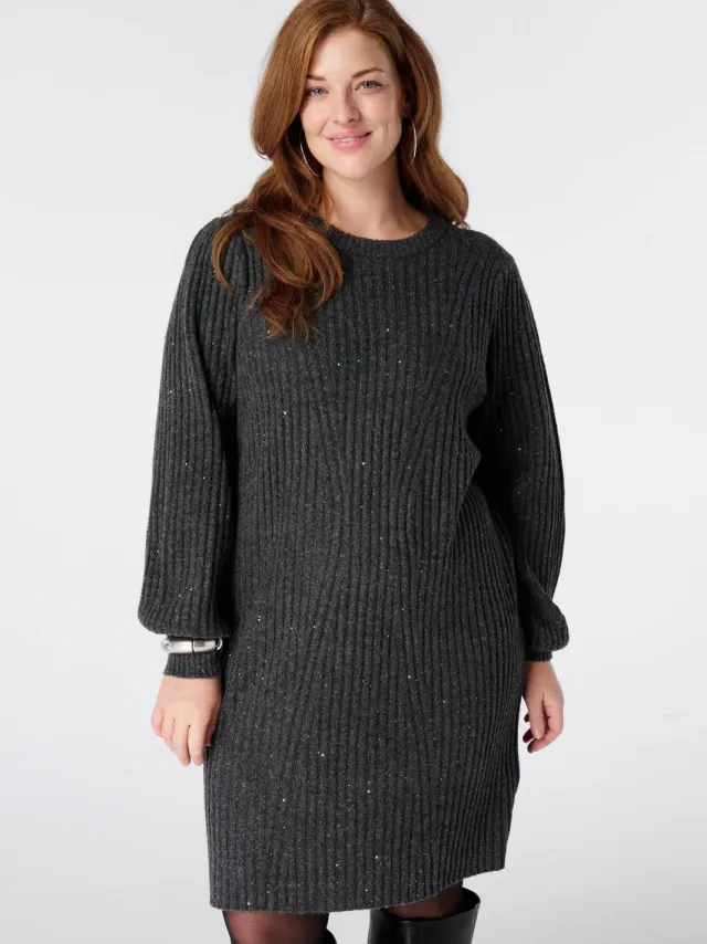 MS Mode gebreide midi jurk met glitters - donkergrijs
