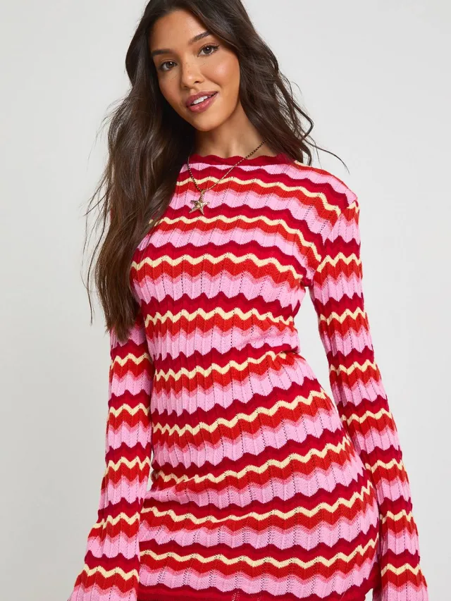 boohoo Dames Gebreide Gestreepte Mini-jurk Met Lange Mouwen Roze