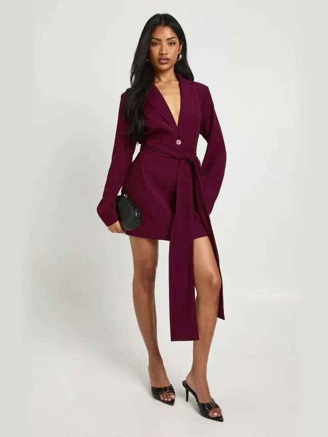 boohoo Dames Getailleerde blazerjurk met strik in de taille Wijn