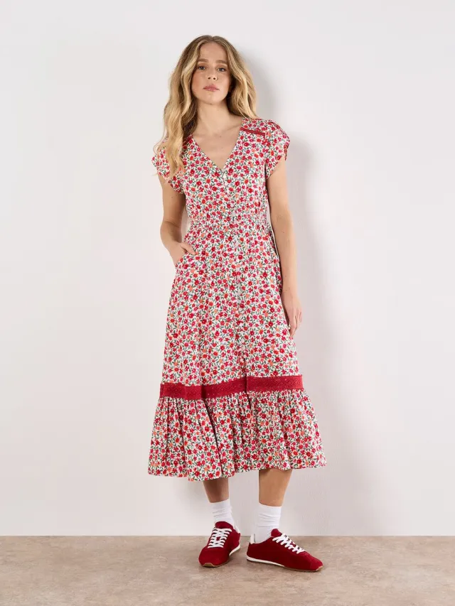 Apricot Midi-jurk met kleine bloemenprint en knoopsluiting Wit