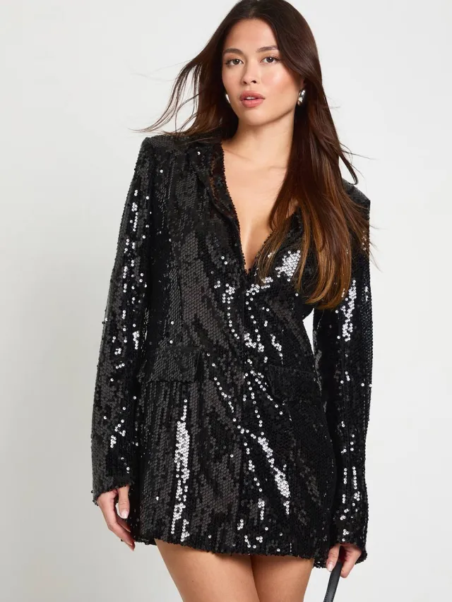 boohoo Dames Pailletten blazerjurk Zwart