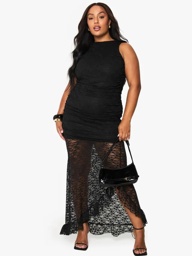 boohoo Dames Plus kanten maxi-jurk met druppelzoom en geroffelde details Zwart
