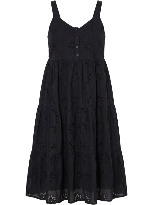 Studio Untold Dames - Midi-jurk met bandjes A-lijn borduursel in oogjes - Zwart - Maat 42+