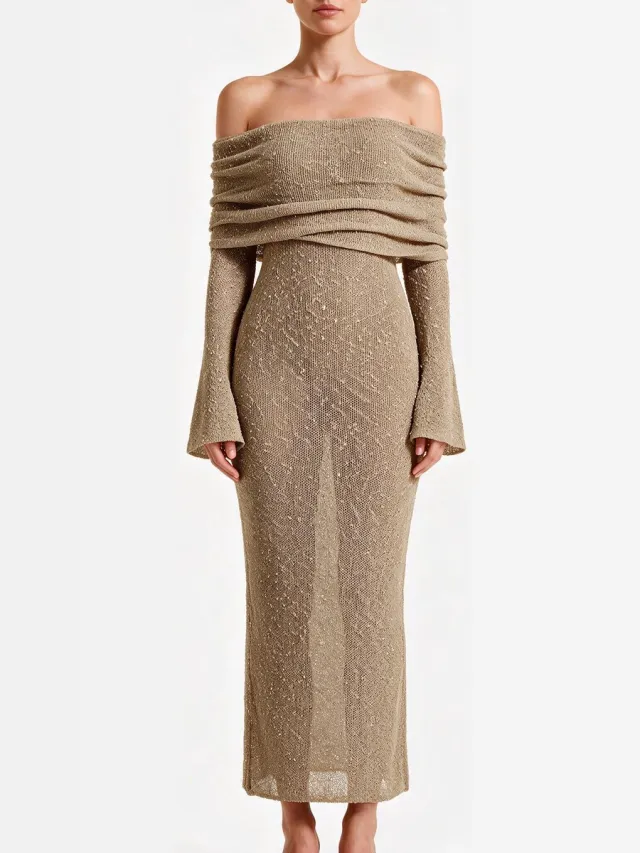 Imily Bela Dames Off Shoulder Gebreide Maxi Jurk met Lange Mouwen Kaki