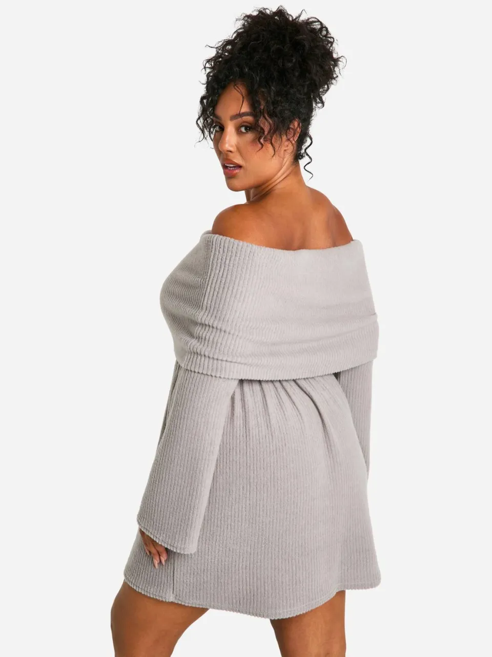 boohoo Dames Plus Brushed Rib Off Shoulder Skater Jurk grijs, foto 2