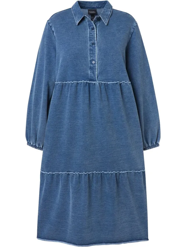 Ulla Popken Dames - Sweatjurk volants A-lijn overhemdkraag lange mouw - Indigo denim - Maat 42+