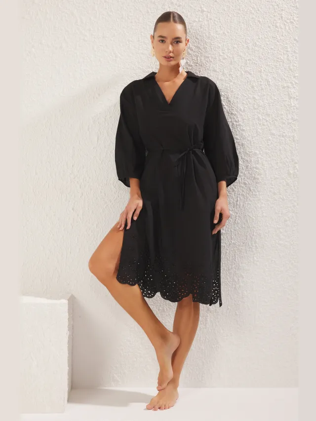 Trendyol TRENDYOLMİLLA Dames Zwart Effen Midi Driekwart mouw Strandkleding Recht Strandjurken