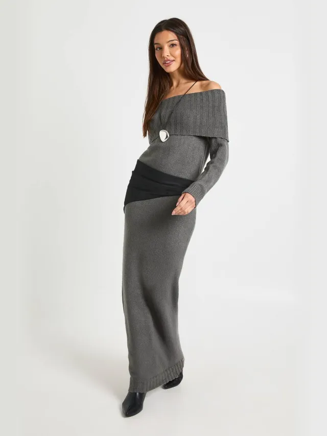 boohoo Dames Premium Oversized Bardot Halslijn Maxi Jumper Jurk Houtskool