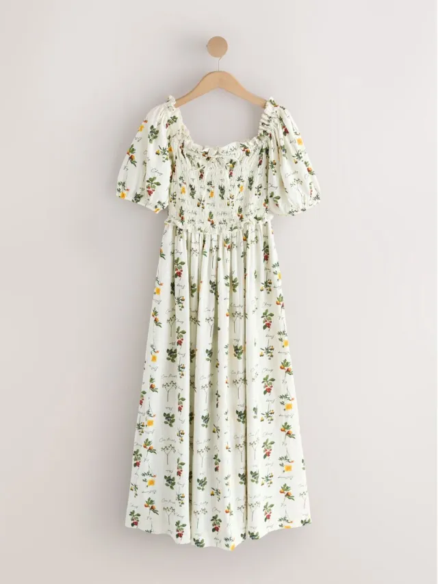 Next Dames - Gesmokte midi-jurk met pofmouwen - Crème Ecru Floral Cherry Print