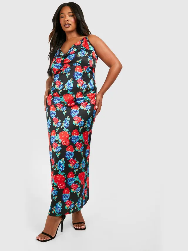 boohoo Dames Plus Floraal Bedrukte Satijn Maxi Jurk Zwart