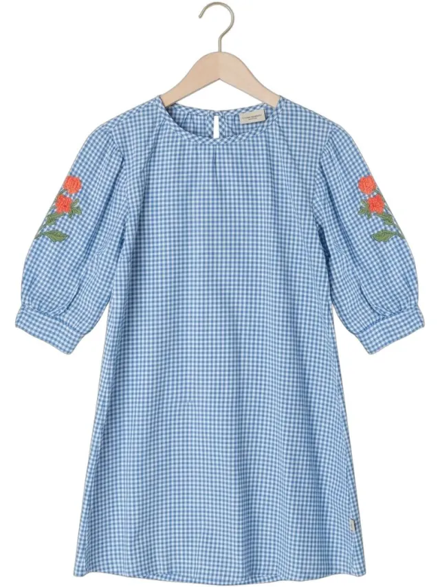 Your Wishes Meisjes Jurken Vichy Blue Puff Sleeve Dress - Blauw