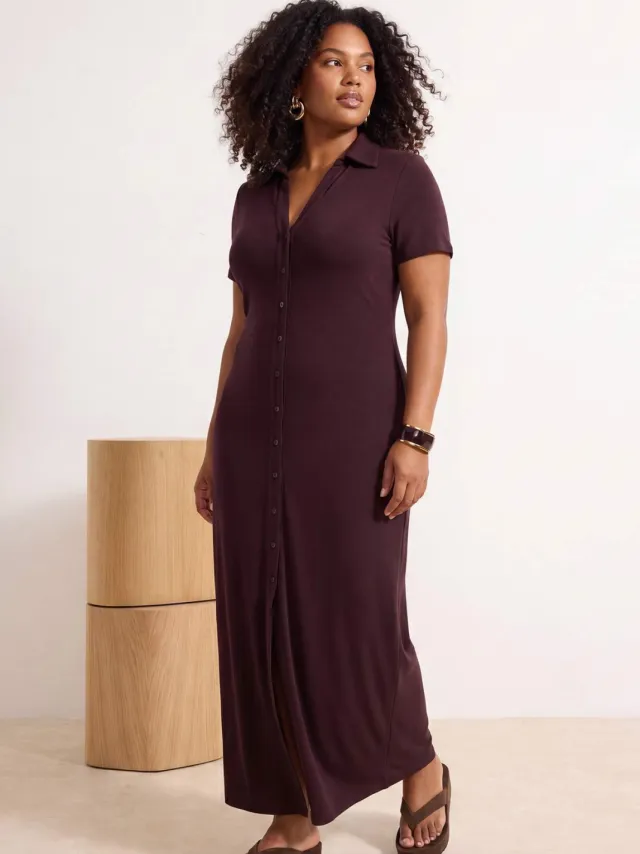 Trendyol Curve Dames Bruin Effen Maxi Kort Recht Grote maten Jurk