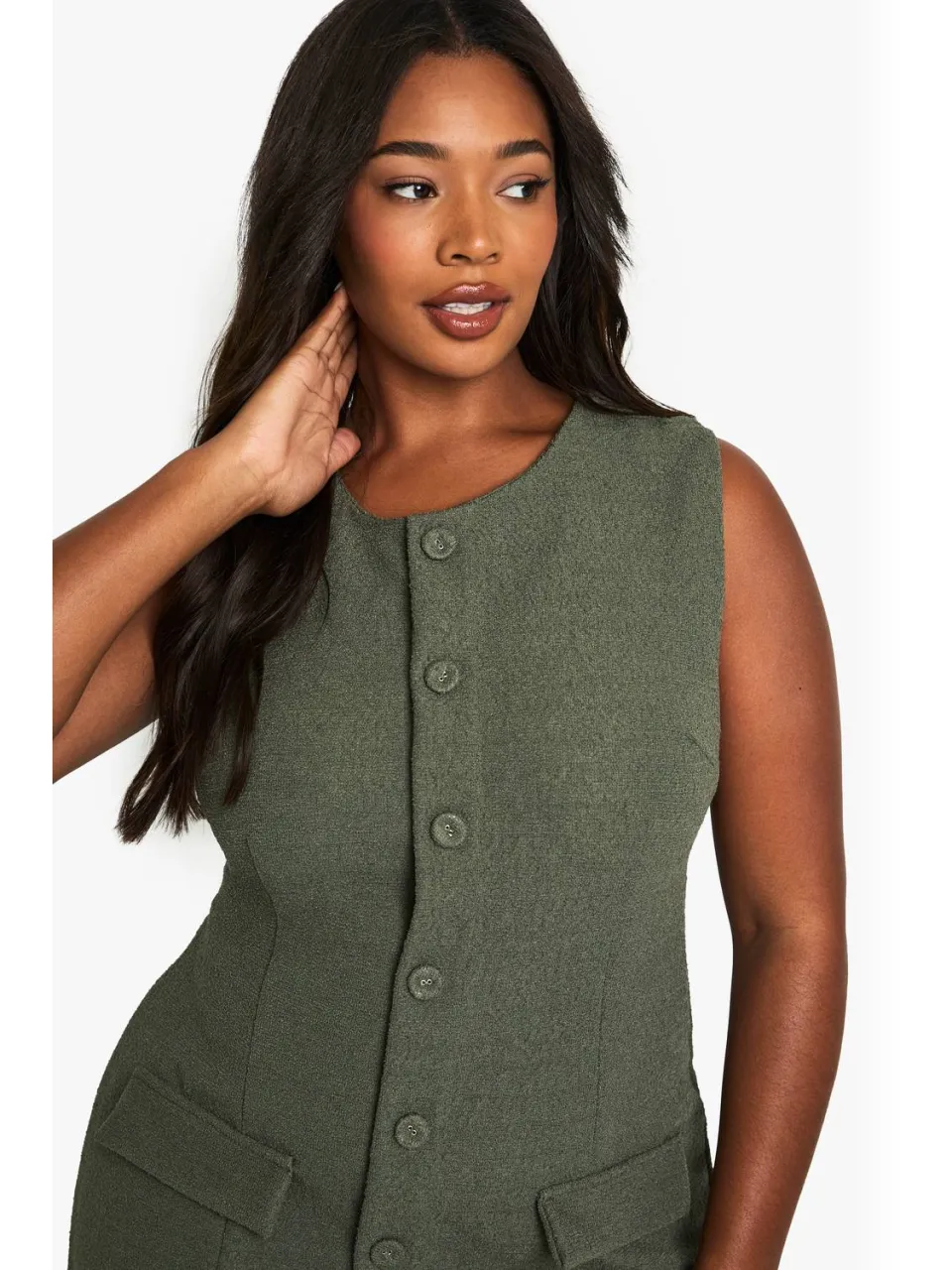 boohoo Dames plus boucle getailleerde mini-jurk met knoopsluiting aan de voorkant kaki, foto 3