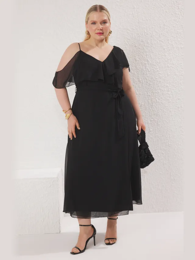 Trendyol Curve Dames Zwart Bloemen Maxi Kort Stijlvol/Avond Asymmetrisch Grote maten Jurk