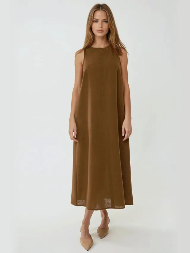 Hiccup Linnen Voel Mouwloze Crew Neck Midi Jurk Bruin