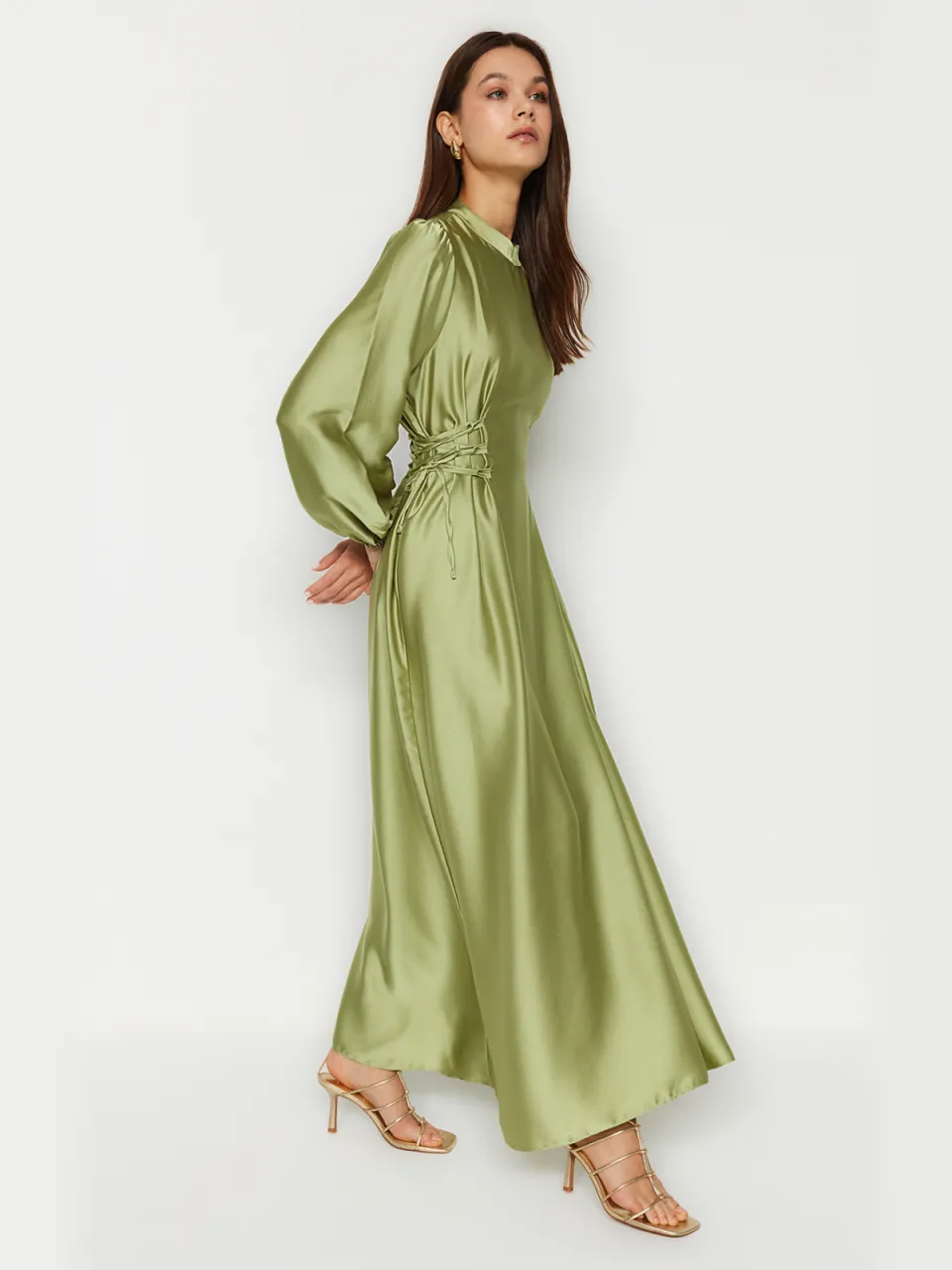 Trendyol Modest Dames Groen Effen Maxi Lang Stijlvol/Avond A-lijn Modest Avond Jurken, foto 2