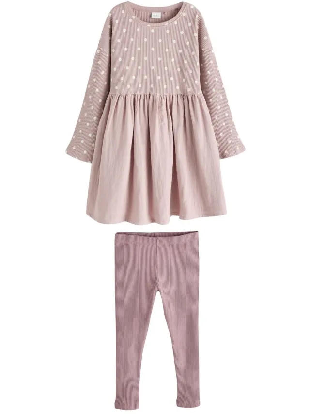 Next Meisjes - Jersey jurk met lange mouwen en legging - Bruin Brown Spot