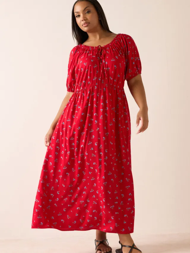 Yours Rode Maxijurk Met Bloemenprint En Strikhals-52 Red
