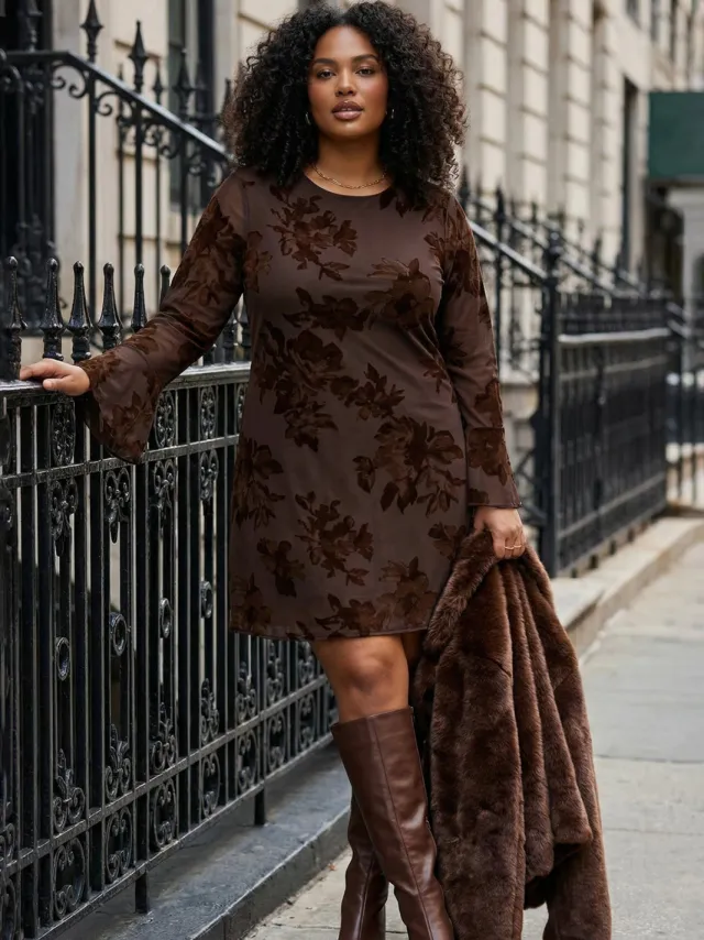 Trendyol Curve Dames Bruin Bloemen Kort / Mini Lang Avond / Dagelijks Bodycon Grote maten Jurk