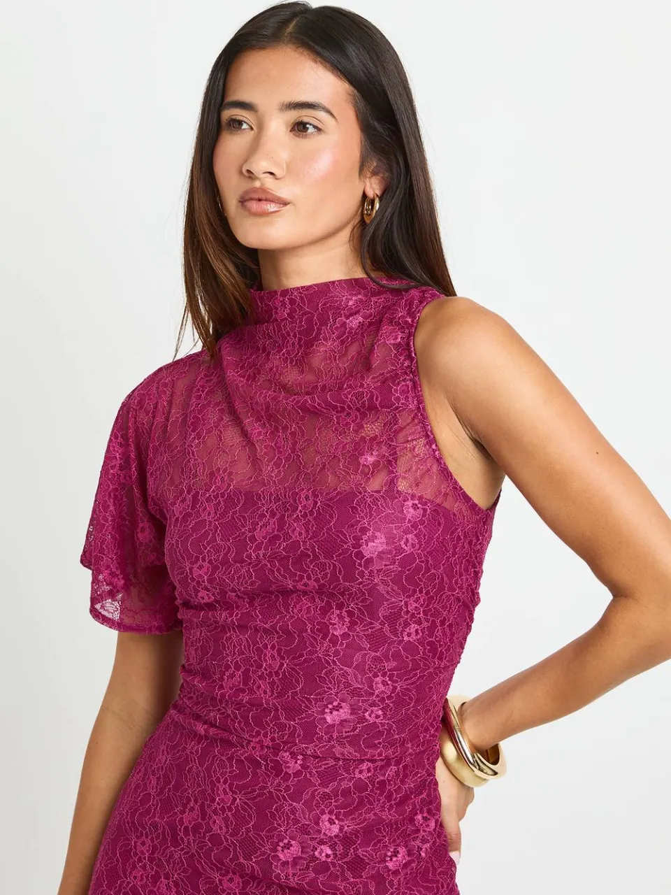 boohoo Dames Kanten One-shoulder Maxi-jurk Met Hoge Hals bordeaux rood, foto 4