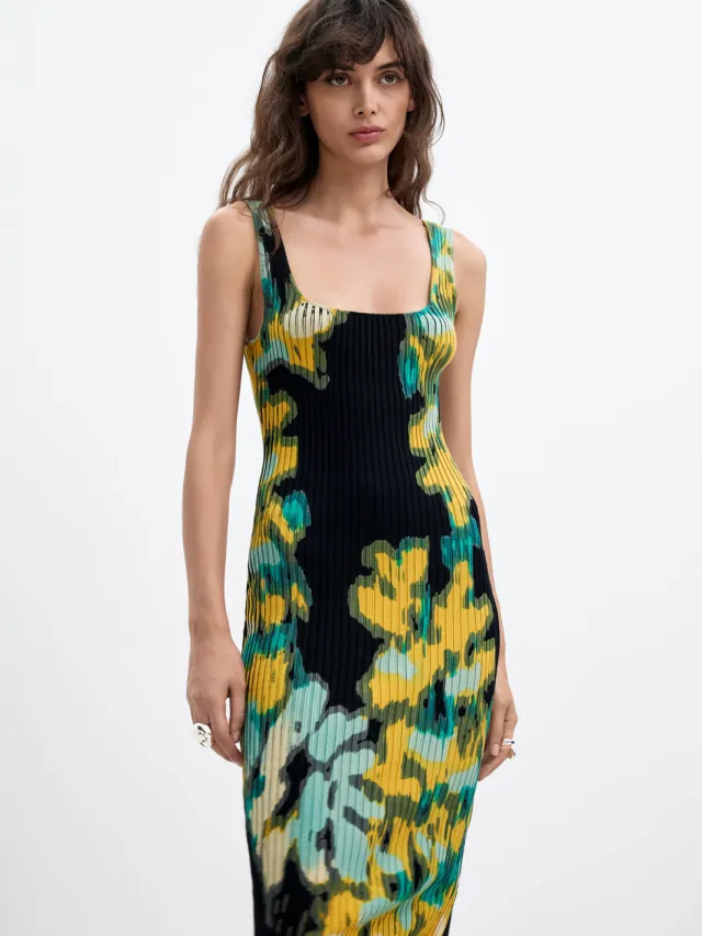 Desigual midi jurk met print - zwart zwart/geel/groen