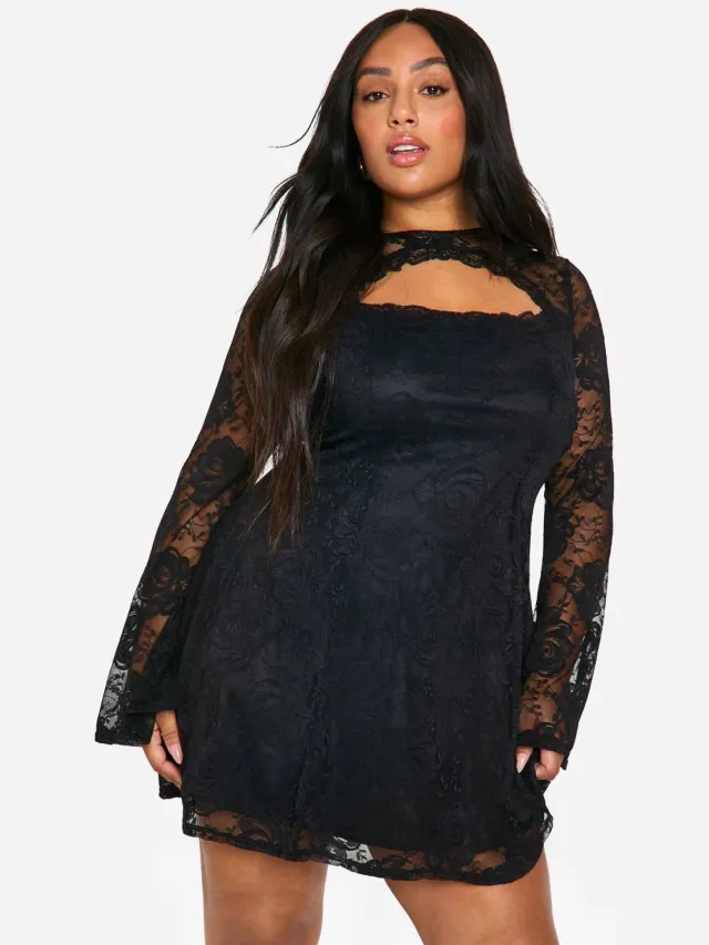 boohoo Dames Plus Lace Flared Sleeve Skater Dress Zwart