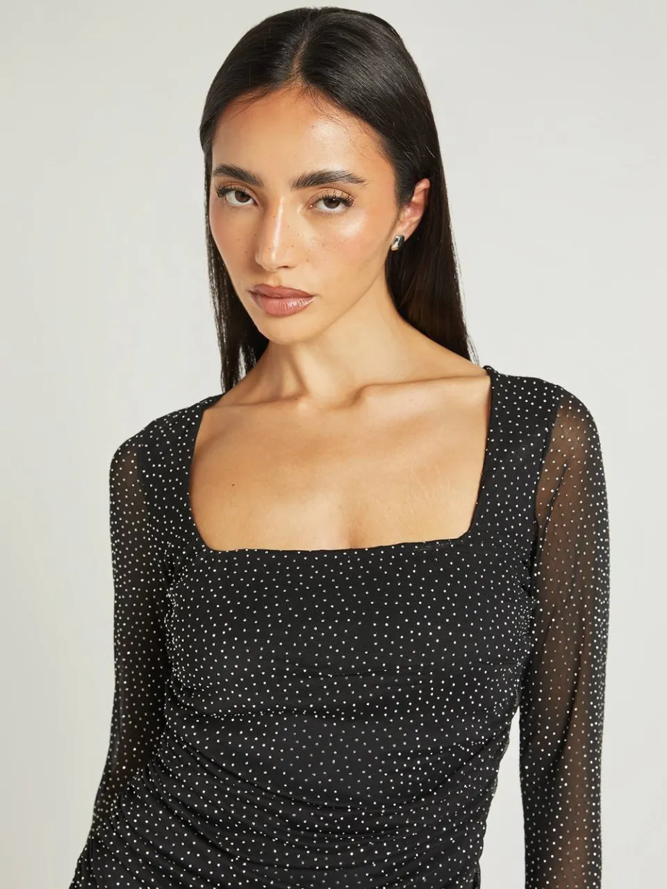 boohoo Dames Hotfix Vierkante Hals Mesh Mini Jurk zwart, foto 4