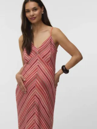 Vero Moda gestreepte gehaakte zwangerschapsmaxijurk koraalrood, foto 4