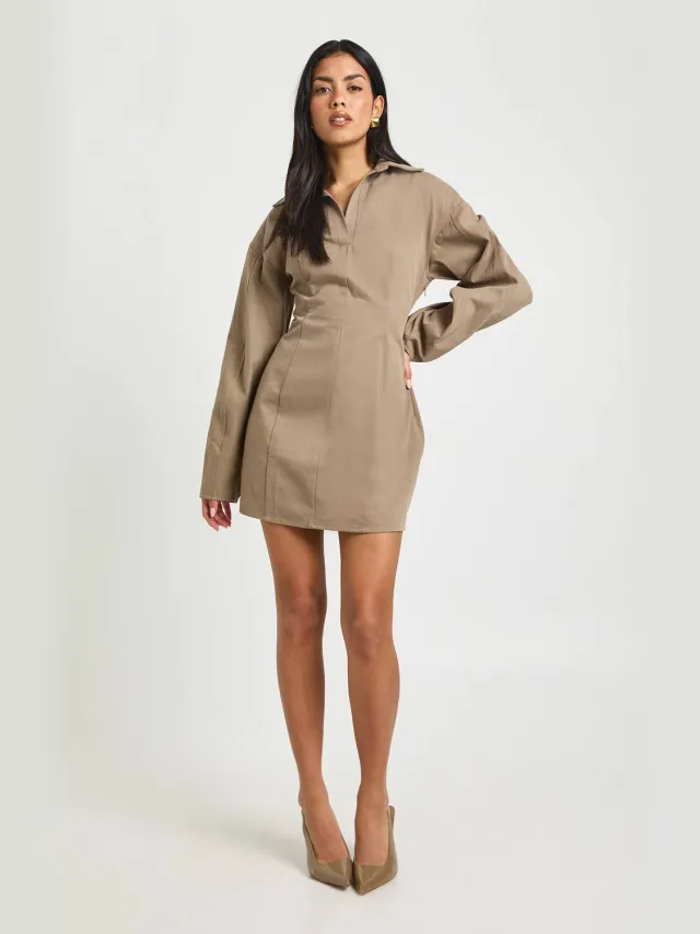 boohoo Dames Twill Blousejurk met Getailleerde Taille Gewassen Kaki
