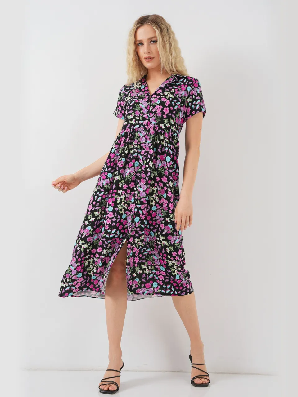 Big Dart Bloemen Midi-jurk met Heupdraagkraag Zwart