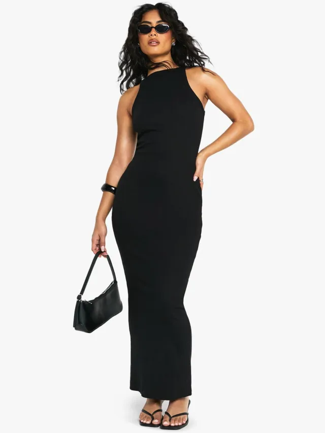 boohoo Dames Basic Rib Racer Neck Maxi Zwart