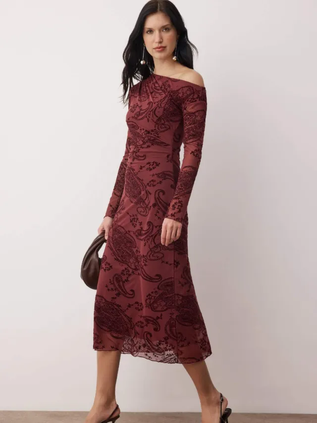Trendyol TRENDYOLMİLLA Dames Bordeaux Paisley Midi Lang Casual A-lijn Jurken Bordeauxrood