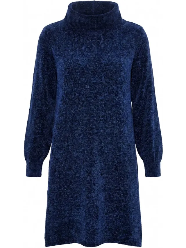 Ulla Popken Dames - Gebreide jurk chenille A-lijn col lange mouwen - Marine - Maat 62+