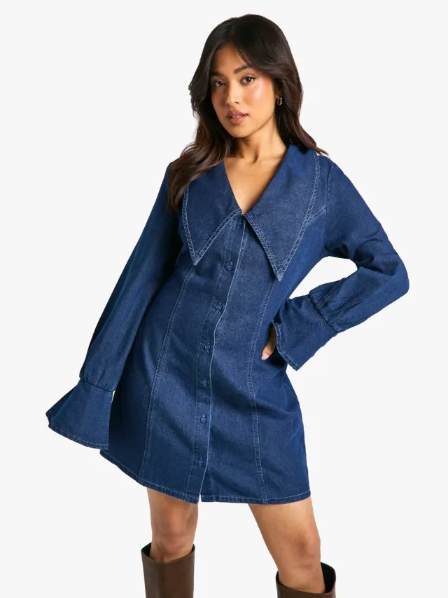 boohoo Dames Petite Kraag Detail Denim Shiftjurk Blauw