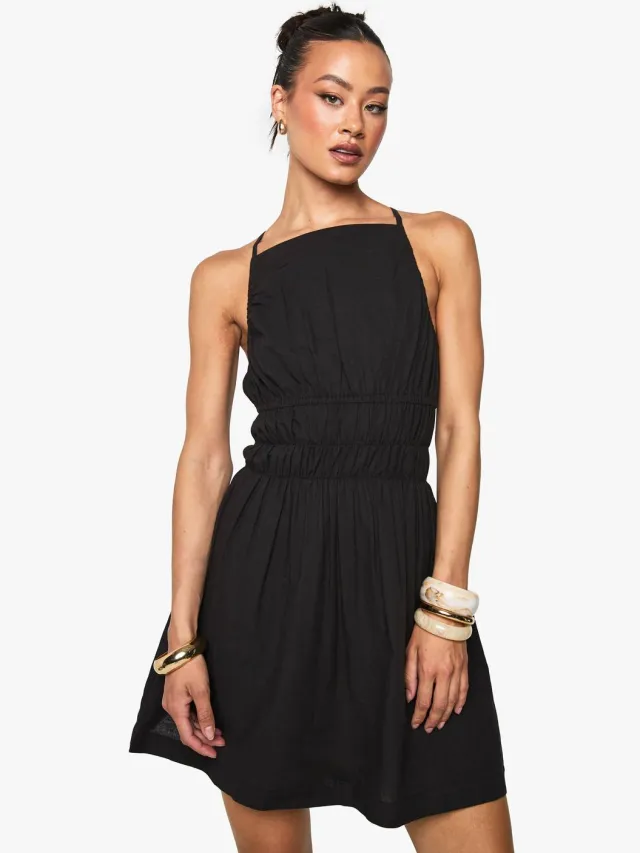 boohoo Dames Tall Linnenlook Jurk met Ruche Details zwart, foto 2