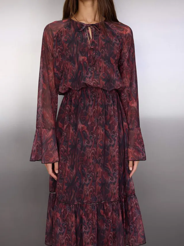Trendyol TRENDYOLMİLLA Dames Bordeaux Abstract Midi Lang Casual Skater Jurken Bordeauxrood