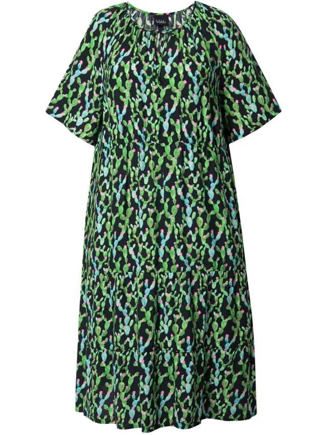 Ulla Popken Dames - Midi-jurk A-lijn tuniekhals korte mouw - Zwart - Maat 50+