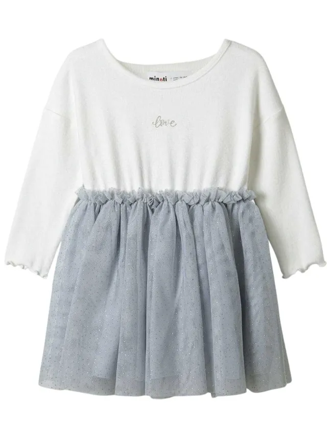 Minoti Meisjes Glitter Mesh Skater Jurk (Wit/Grijs)