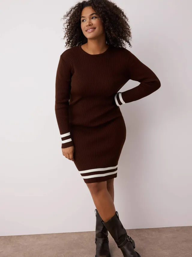 Trendyol Curve Dames Bruin Gestreept Kort / Mini Lang Casual Bodycon Grote maten Jurk