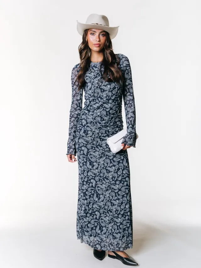 Colourful Rebel Maude Paisley Mesh Maxi Dress Denim blue