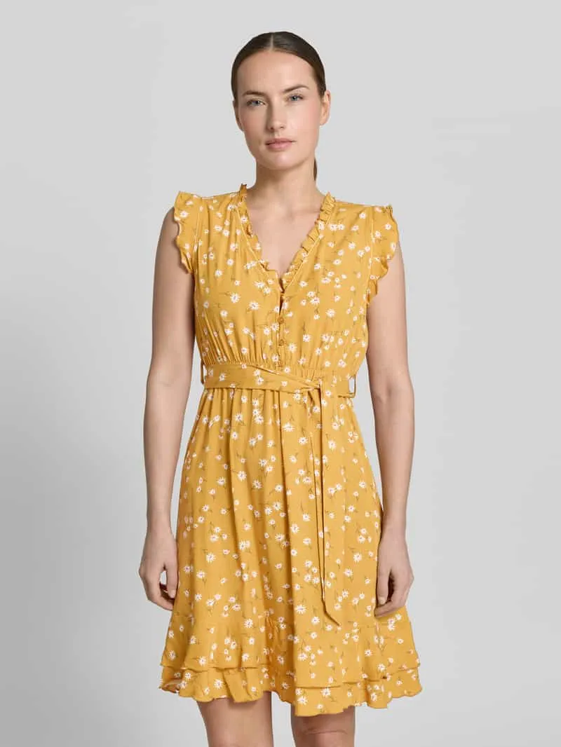 Apricot Mini-jurk van viscose met strikceintuur en kapmouwen Donkergeel