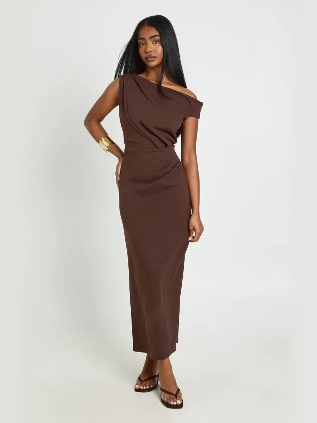 boohoo Dames Jersey Crepe Jurk Met Gedrapeerde Schouder Midaxi Chocoladebruin