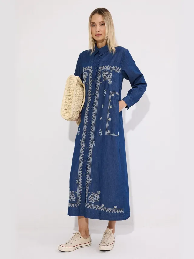 TOUCHÉ PRIVÉ Geborduurde dunne denim jurk - Blauw - Dames