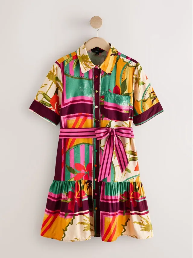 Next Dames - Seminal x Lindsey Cherek Waller shirtjurk met korte mouwen en strik in de taille - Roze