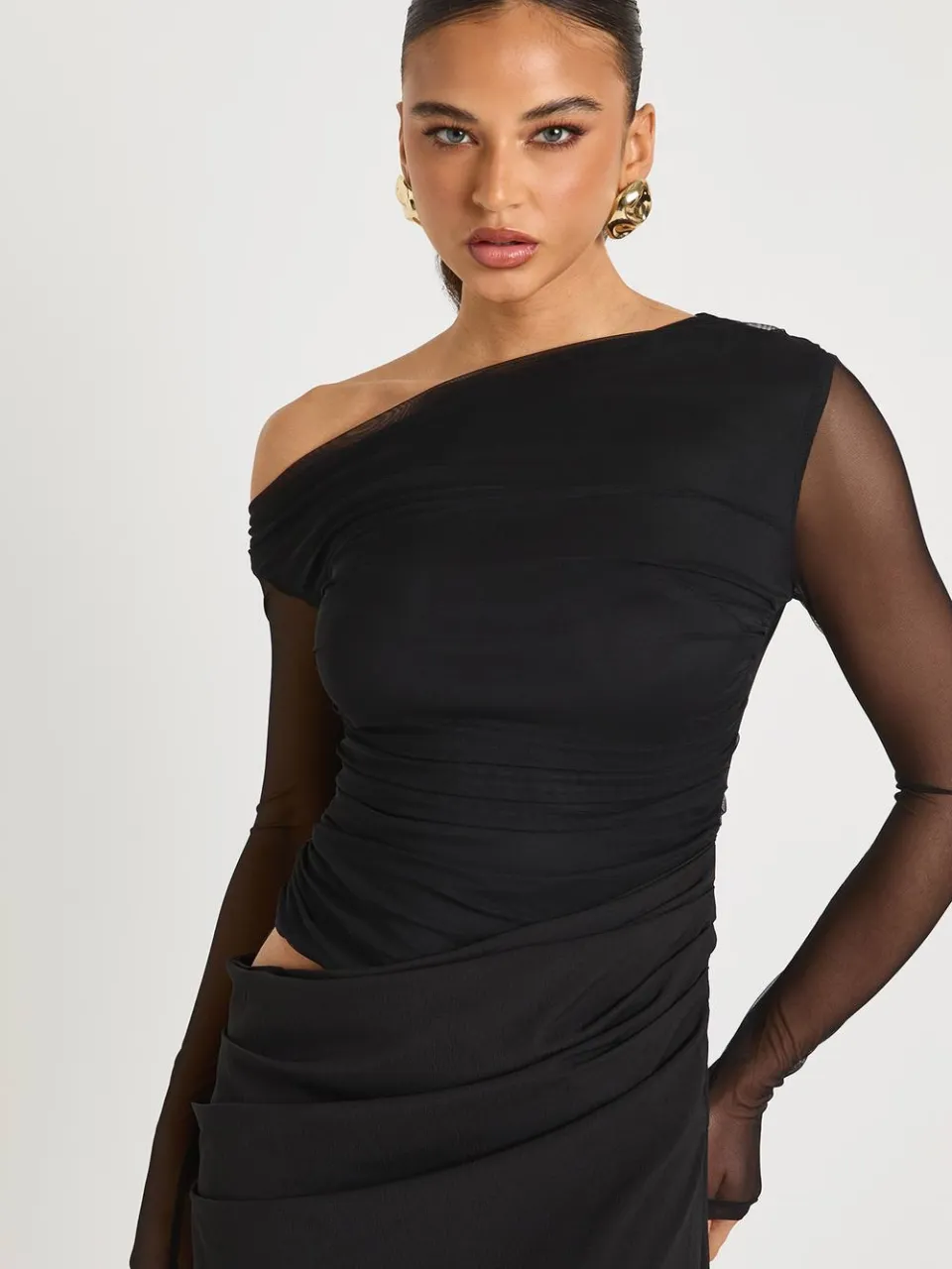 boohoo Dames Mesh Mix Draped Midaxi Jurk zwart, foto 4