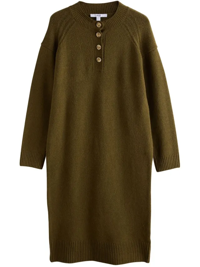 Next Dames - Superzachte gebreide jurk met lange mouwen en ronde hals - Groen Khaki Green