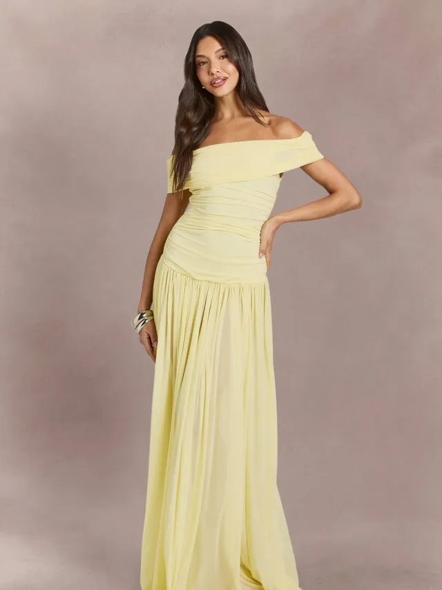 boohoo Dames Stretch Chiffon Bardot Maxi Jurk Citroen