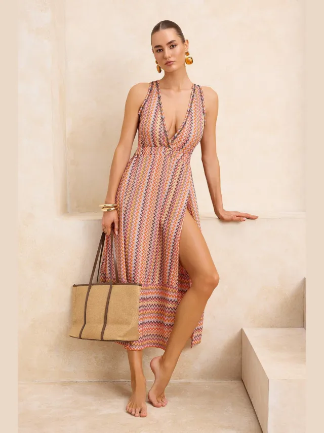 Trendyol TRENDYOLMİLLA Dames Meerkleurig Geometrisch patroon Maxi Mouwloos Strandkleding Skater Strandjurken Veelkleurig